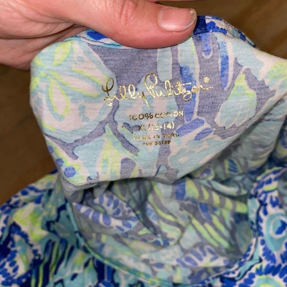 LILLY PULITZER Girls BLUE MULTI-COLOR PRINT SHORT KNIT ROMPER. Size XL (12-14) - Picture 4 of 8